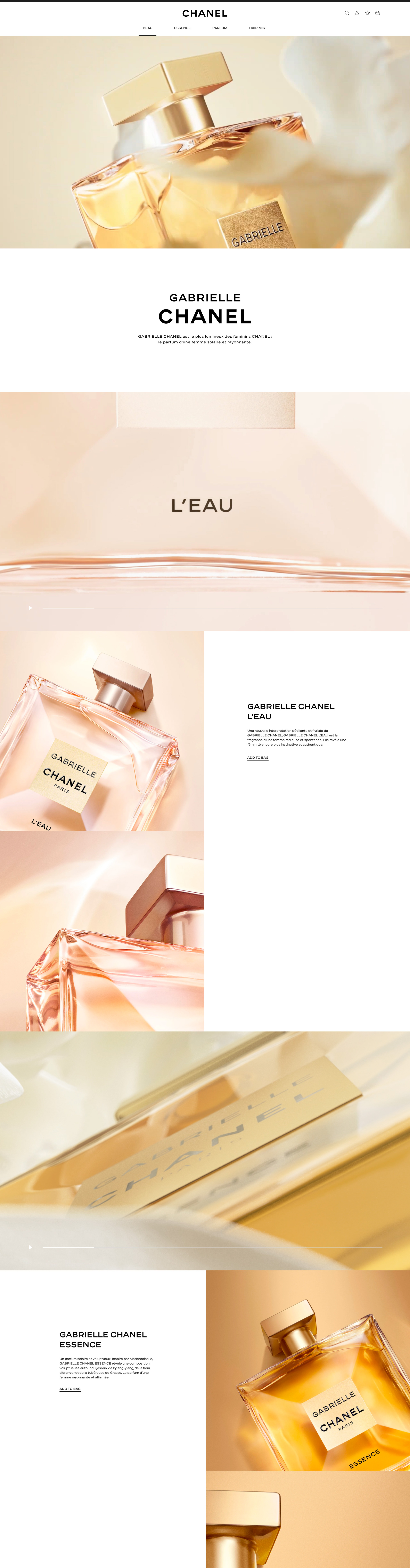 Full page overview – Chanel Gabrielle digital art direction, UI/UX